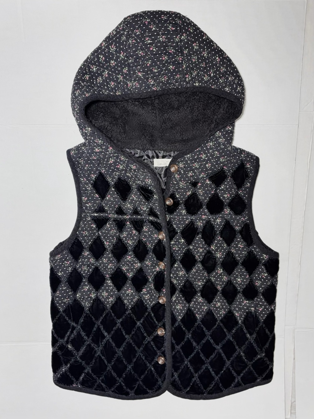 Quilted Velvet Floral Patchwork Hooded Vest
